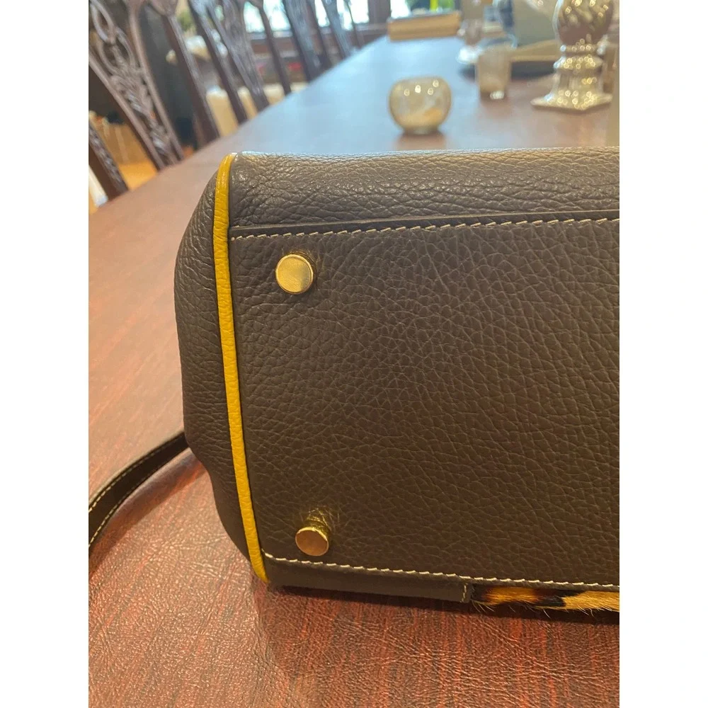 Claudia‎ Firenze Leopard Calf Hair Leather Satchel Bag Yellow Trim Made in Italy